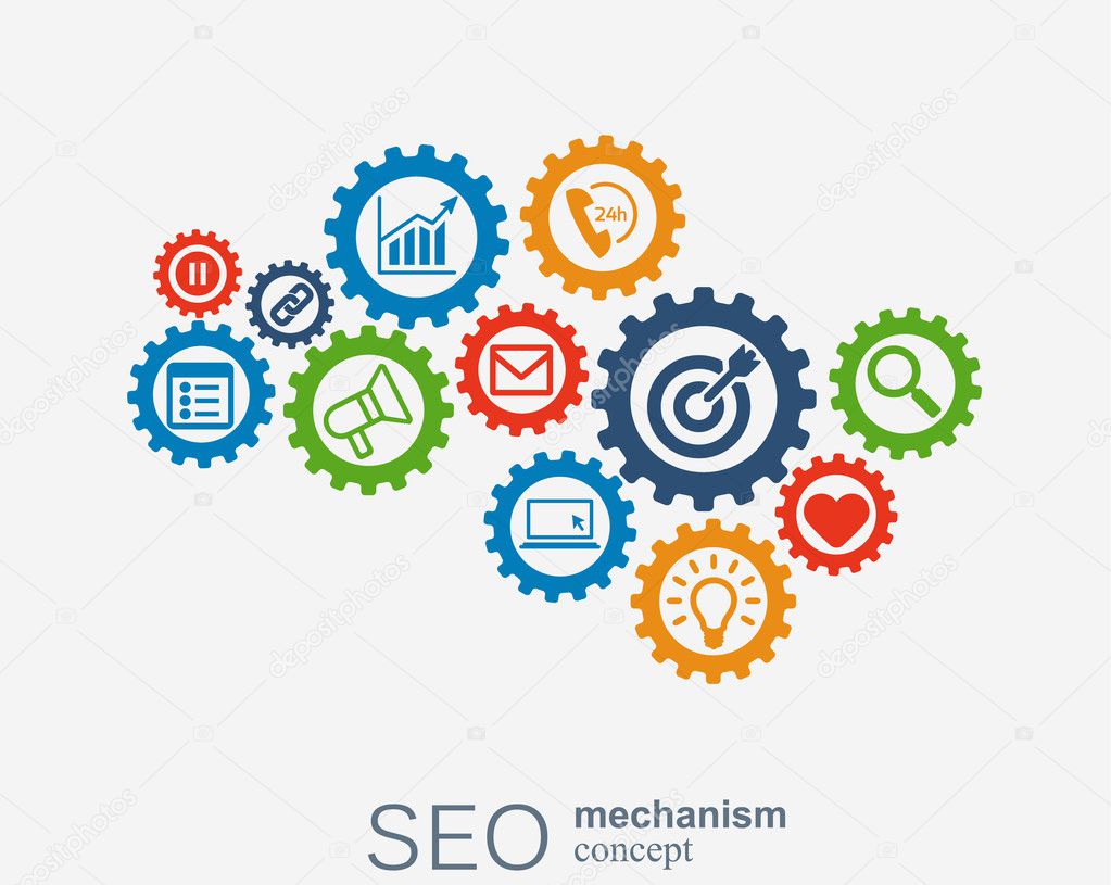 SEO mechanism concept. Abstract background with integrated gears and icons for strategy, digital, internet, network, connect, analytics, social media global concepts.