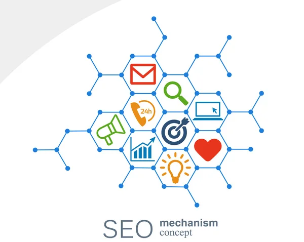 Seoメカニズムコンセプト。戦略、デジタル、インターネット、ネットワーク、接続、分析、ソーシャルメディアのグローバルコンセプトのための統合されたギアとアイコンを持つ抽象的な背景. — ストックベクタ
