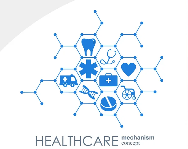 Concepto de mecanismo de salud. Antecedentes abstractos con engranajes e iconos conectados para conceptos médicos, de salud, estrategia, cuidado, medicina, red, redes sociales globales. Infografía vectorial . — Archivo Imágenes Vectoriales