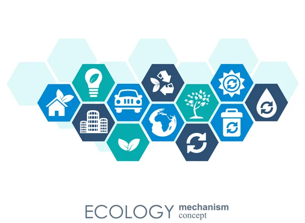 Ekologiska mekanismens koncept. Abstrakt bakgrund med uppkopplade kugghjul och ikoner för miljövänlig, energi, miljö, grön, återvinn, bio globala koncept. Vektor infografik illustration. — Stock vektor