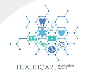 Sağlık mekanizması kavramı. Arka plan bağlı ve tıp, sağlık, strateji, bakım, tıp, ağ, sosyal medya genel kavramlar için simgeler. Vektör Infographic.