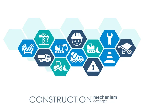 Red de construcción. Fondo abstracto hexágono con líneas, polígonos e iconos planos integrados. Símbolos conectados para conceptos de construcción, industria, arquitectura, ingeniería. Vector . — Archivo Imágenes Vectoriales