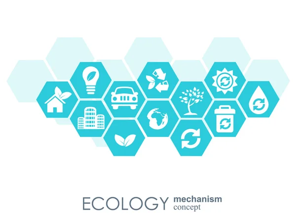 Ekologiska mekanismens koncept. Abstrakt bakgrund med uppkopplade kugghjul och ikoner för miljövänlig, energi, miljö, grön, återvinn, bio globala koncept. Vektor infografik illustration. — Stock vektor