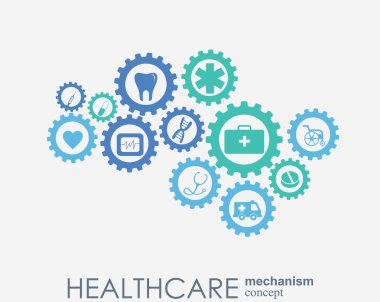 Sağlık mekanizması kavramı. Arka plan bağlı ve tıp, sağlık, strateji, bakım, tıp, ağ, sosyal medya genel kavramlar için simgeler. Vektör Infographic.