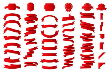 Kurdele vektör simgesi beyaz arka plan üzerinde ayarlayın. Afiş Aksesuar ve Hediyelik şekiller illüstrasyon izole. Noel etiket ve dekorasyon app ve web için. Etiket, rozet ve sınır koleksiyonu.