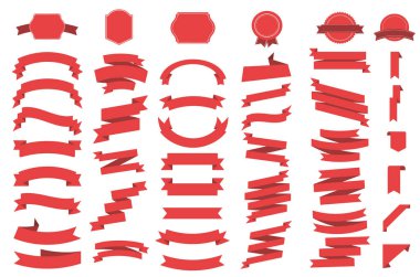 Kurdele vektör simgesi beyaz arka plan üzerinde ayarlayın. Afiş Aksesuar ve Hediyelik şekiller illüstrasyon izole. Noel etiket ve dekorasyon app ve web için. Etiket, rozet ve sınır koleksiyonu.