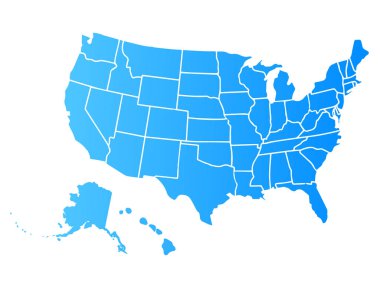 Beyaz arka planda izole edilmiş benzer ABD haritası. Amerika Birleşik Devletleri ülkesi. Web sitesi, tasarım, kapak, bilgi grafikleri için vektör şablonu. Grafik illüstrasyonu.