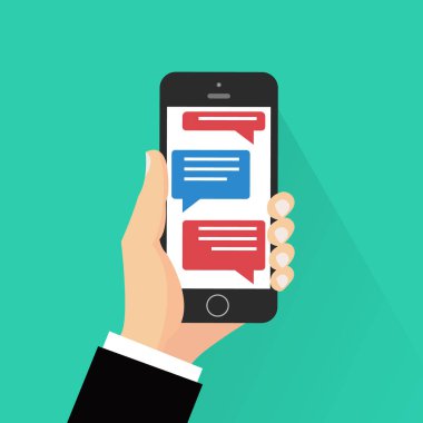 Cep telefonu sohbet iletileri iletileri ileti illüstrasyonu renk arkaplanında izole edilmiş, akıllı telefon ve sohbet baloncuk konuşmaları ile el ele, çevrimiçi konuşma, konuşma, konuşma, diyalog kavramı