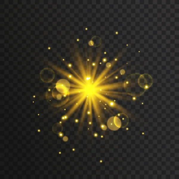 Efecto de luz brillante transparente. Estrella reventó con destellos. Brillo de oro . — Vector de stock