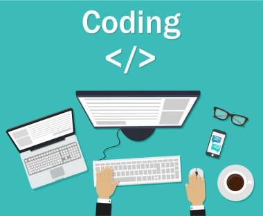 Programmer, coder in the workplace sitting at a computer. Software coding, programming languages, testing, debugging, web site design. Search engine clipart svg vector 