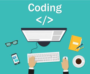 Programmer, coder in the workplace sitting at a computer. Software coding, programming languages, testing, debugging, web site design. Search engine clipart svg vector 
