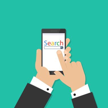 Akıllı telefon elinde tutan adam. Hareket eden app telefonları için. İnternette arama. Vektör çizim düz tasarımı. Arka plan üzerinde izole. Arama kavramı. Modern teknolojiler.