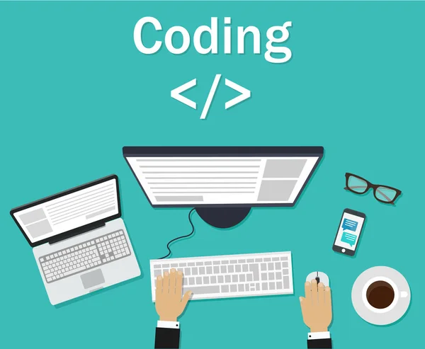 Programozó, coder, a munkahelyen, ül a számítógépen. Szoftver kódolás, programozási nyelvek, tesztelés, hibakeresés, web site design. Keresőmotor. — Stock Vector