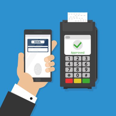 Cep telefonu ve terminal illüstrasyon, düz stil smartphone ile ödeme el ekranda kredi kartıyla kablosuz ve parmak izi nfc, temassız satın teknik resim üzerinde başarılı ödeme işleme.