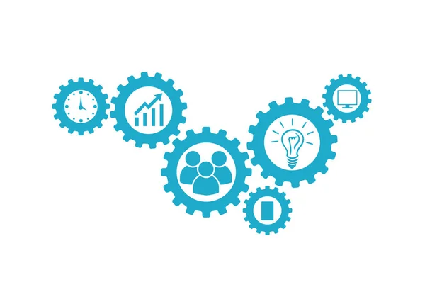 Geschäftsmechanismus-Konzept. abstrakter Hintergrund mit vernetzten Zahnrädern und Symbolen für Strategie, Forschung, Konzepte. Vektor. — Stockvektor