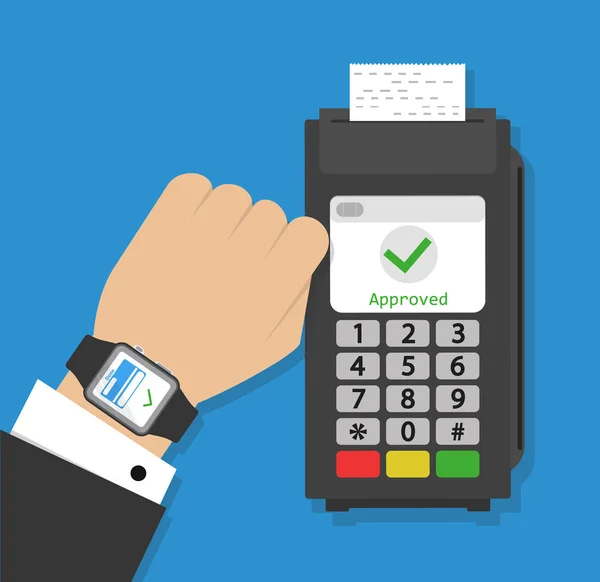 Smart Watch steht für Terminal Payment. Hand mit Smartwatch am Handgelenk, die den Zahlungsverkehr abwickelt. flaches Vektorsymbol. — Stockvektor