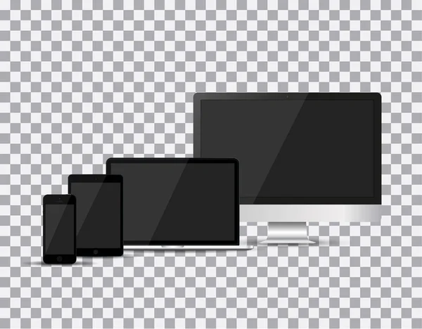 Набор реалистичного телевизора, LCD, ведущего, монитора компьютера, ноутбука, планшета и мобильного телефона с пустым белым экраном. Различные современные электронные гаджеты на изолированном фоне. Векторная иллюстрация EPS10 . — стоковый вектор