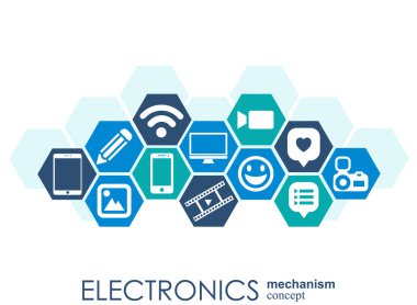 Elektronik mekanizma. Arka plan bağlı ve tümleşik düz simgeler. Bağlı sembolleri Monitor, telefon. Etkileşimli vektör çizim.