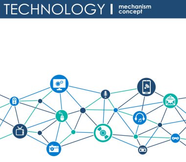 Teknoloji mekanizması kavramı. Arka plan entegre ve dijital, strateji, Internet, ağ için simgeler, bağlanmak, iletişim, sosyal medya ve genel kavramlar. Vektör Infographic.