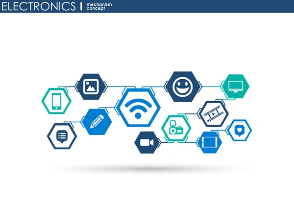 Mecanismo electrónico. Fundo abstrato com engrenagens conectadas e ícones planos integrados. Símbolos ligados para monitor, telefone. Ilustração interativa vetorial . — Vetor de Stock