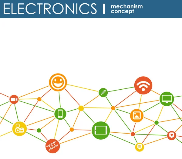 电子机制。与连接的齿轮和综合平面图标的抽象背景。连接的符号为监视器，电话。矢量交互图. — 图库矢量图片