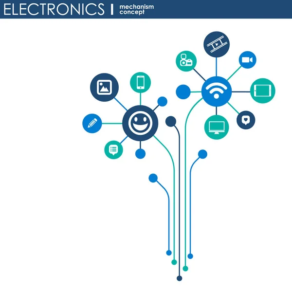 Mechanizm elektronika. Tło z połączonych biegów i Zintegrowana płaska ikony. Połączonych symboli dla monitora, telefon. Ilustracja wektorowa interaktywne. — Wektor stockowy