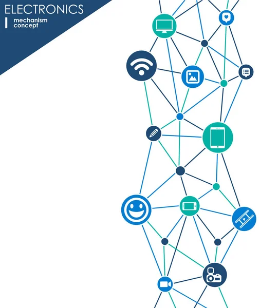 Mechanizm elektronika. Tło z połączonych biegów i Zintegrowana płaska ikony. Połączonych symboli dla monitora, telefon. Ilustracja wektorowa interaktywne. — Wektor stockowy