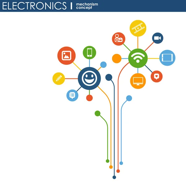 电子机制。与连接的齿轮和综合平面图标的抽象背景。连接的符号为监视器，电话。矢量交互图. — 图库矢量图片