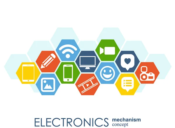 Mechanizm elektronika. Tło z połączonych biegów i Zintegrowana płaska ikony. Połączonych symboli dla monitora, telefon. Ilustracja wektorowa interaktywne. — Wektor stockowy