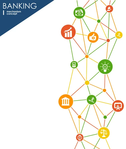 Meccanismo bancario. Sfondo astratto con ingranaggi collegati e icone piatte integrate. simboli per denaro, carta, banca, business e concetti di finanza. Illustrazione interattiva vettoriale . — Vettoriale Stock