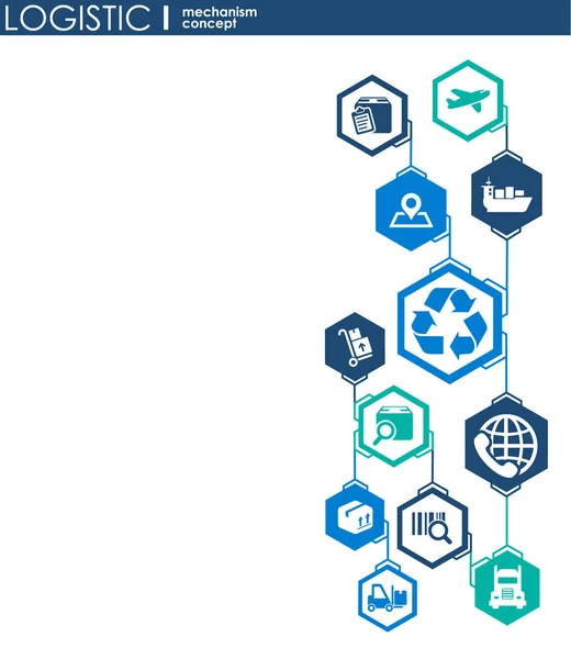 Koncepce logistiky mechanismus. distribuce, dodávka, servis, doprava, logistika, doprava, koncepty na trhu. Abstraktní pozadí s spojených objektů. Vektorové ilustrace. — Stockový vektor