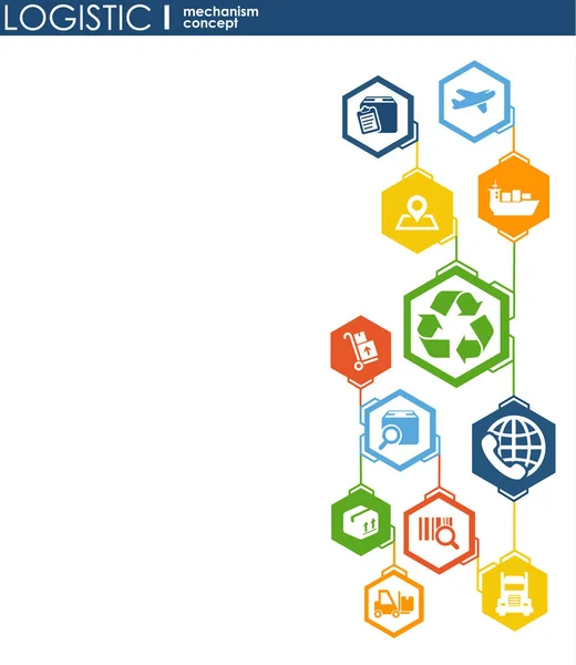 Koncepce logistiky mechanismus. distribuce, dodávka, servis, doprava, logistika, doprava, koncepty na trhu. Abstraktní pozadí s spojených objektů. Vektorové ilustrace. — Stockový vektor