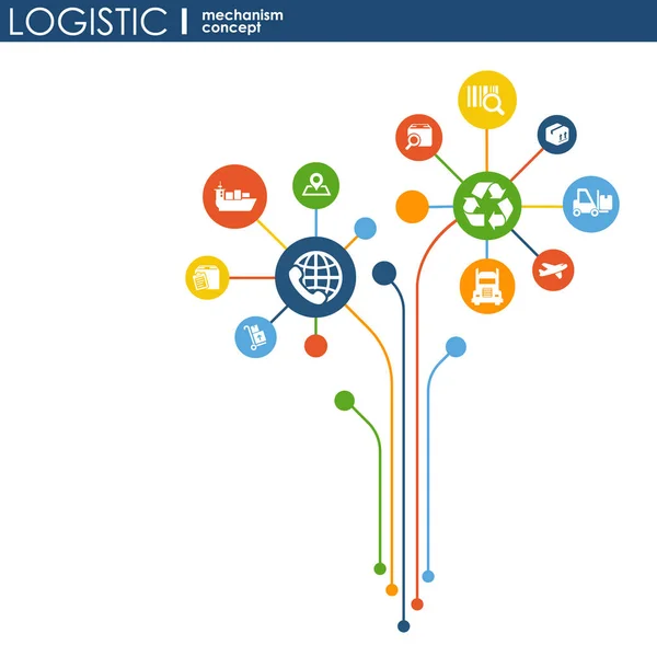 Koncepce logistiky mechanismus. distribuce, dodávka, servis, doprava, logistika, doprava, koncepty na trhu. Abstraktní pozadí s spojených objektů. Vektorové ilustrace. — Stockový vektor