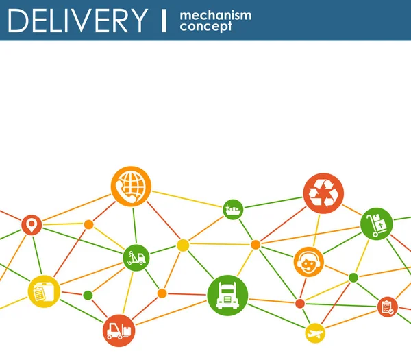 Liefermechanismus-Konzept. abstrakter Hintergrund mit vernetzten Zahnrädern und Symbolen für Logistik, Service, Strategie, Versand, Vertrieb, Transport, Markt, Kommunikationskonzepte. Vektor interaktiv. — Stockvektor