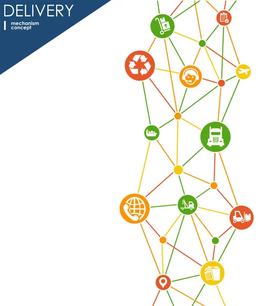 Concepto de mecanismo de entrega. Antecedentes abstractos con engranajes e iconos conectados para conceptos logísticos, de servicio, estrategia, envío, distribución, transporte, mercado, comunicación. Vector interactivo . — Vector de stock