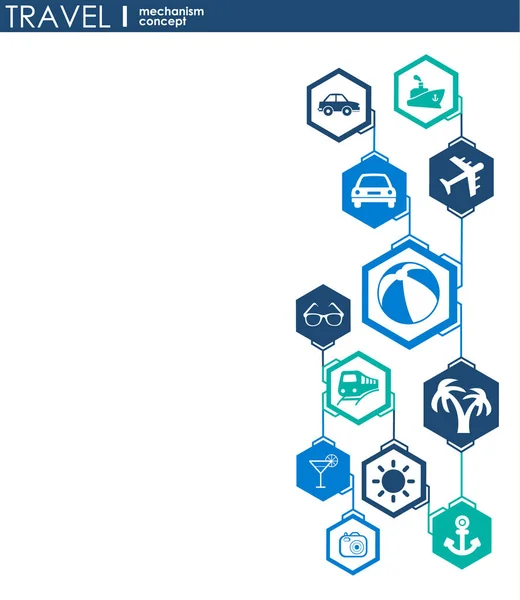メカニズムを旅行します。接続されている歯車と統合されたフラット アイコンでの抽象的な背景。ベクトル インタラクティブ図. — ストックベクタ
