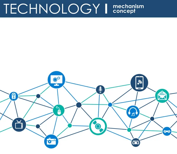 Koncepcja mechanizmu technologii. Tło z zintegrowanych narzędzi i ikony dla cyfrowych, strategia, internet, sieci, połączenia, komunikacji, mediów społecznościowych i koncepcje globalnego. Wektora infographic. — Wektor stockowy