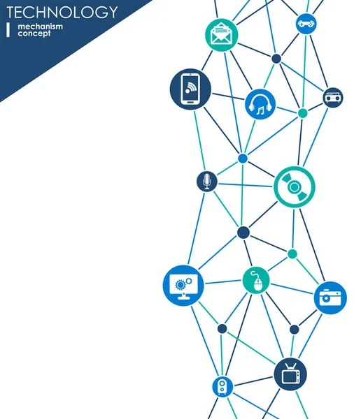 Konsep mekanisme teknologi. Latar belakang abstrak dengan gigi dan ikon terintegrasi untuk digital, strategi, internet, jaringan, koneksi, komunikasi, media sosial dan konsep global. Infografis vektor . - Stok Vektor