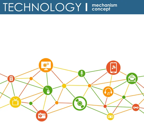 Koncepcja mechanizmu technologii. Tło z zintegrowanych narzędzi i ikony dla cyfrowych, strategia, internet, sieci, połączenia, komunikacji, mediów społecznościowych i koncepcje globalnego. Wektora infographic. — Wektor stockowy