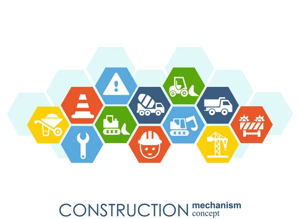 Construction network. Hexagon abstract background with lines, polygons, and integrated flat icons. Connected symbols for build, industry, architectural, engineering concepts. Vector. — Stock Vector