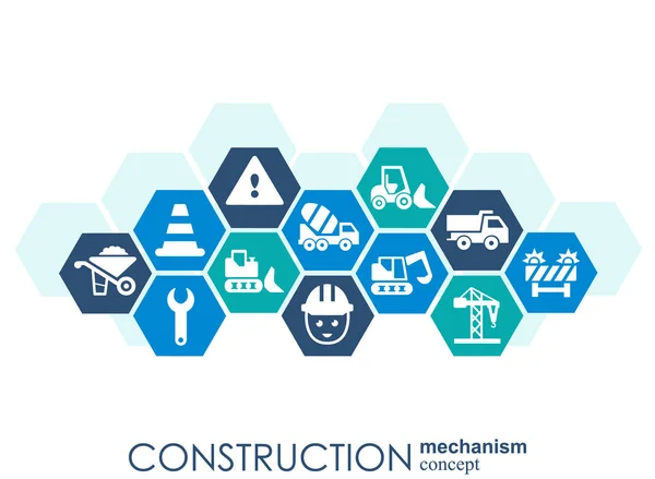 Construction network. Hexagon abstract background with lines, polygons, and integrated flat icons. Connected symbols for build, industry, architectural, engineering concepts. Vector. — Stock Vector