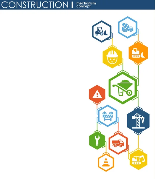 Réseau de construction. Fond abstrait hexagonal avec lignes, polygones et icônes plates intégrées. Symboles connectés pour la construction, l'industrie, l'architecture, les concepts d'ingénierie. Vecteur . — Image vectorielle