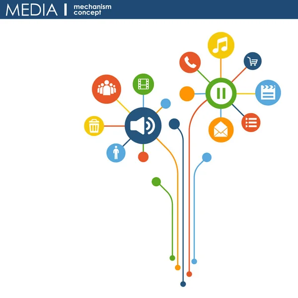 Conceito de mecanismo de mídia. Crescimento fundo abstrato com meta bolas integradas, ícone integrado para digital, estratégia, internet, rede, conectar, comunicar, tecnologia, conceitos globais . — Vetor de Stock