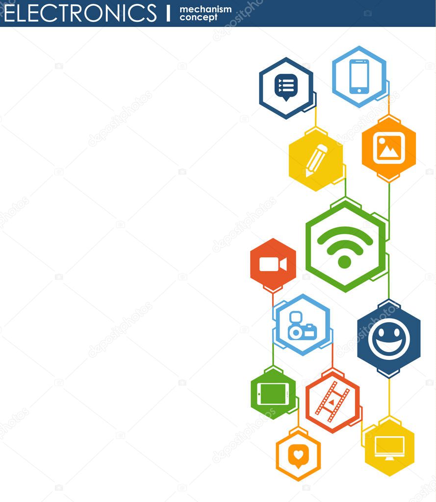 Electronics mechanism. Abstract background with connected gears and integrated flat icons. Connected symbols for monitor, phone. Vector interactive illustration