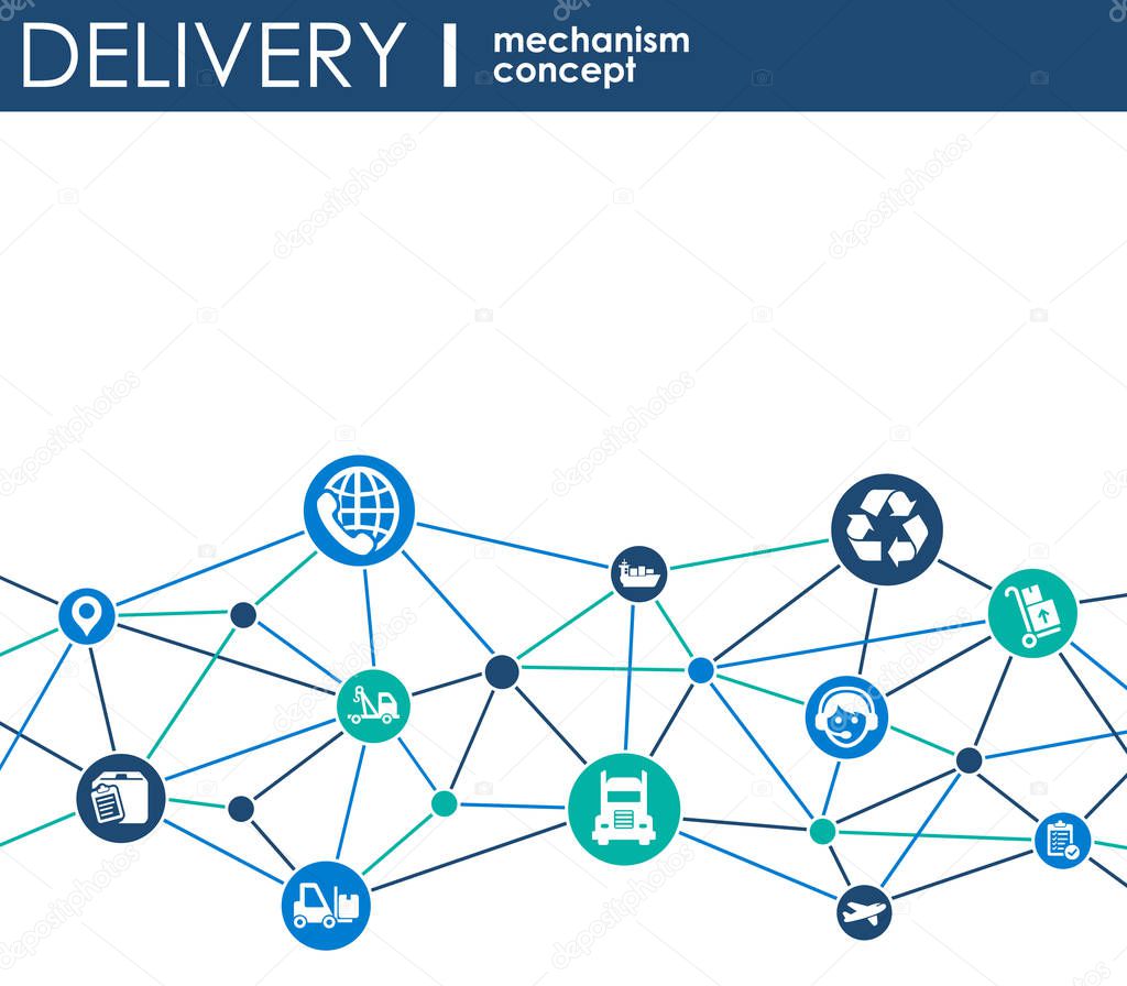 Delivery mechanism concept. Abstract background with connected gears and icons for logistic, service, strategy, shipping, distribution, transport, market, communicate concepts. Vector interactive.