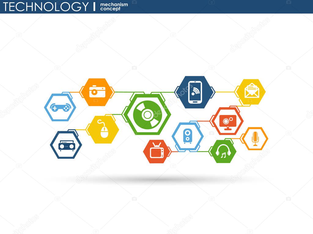 Technology mechanism concept. Abstract background with integrated gears and icons for digital, strategy, internet, network, connect, communicate, social media and global concepts. Vector infographic.