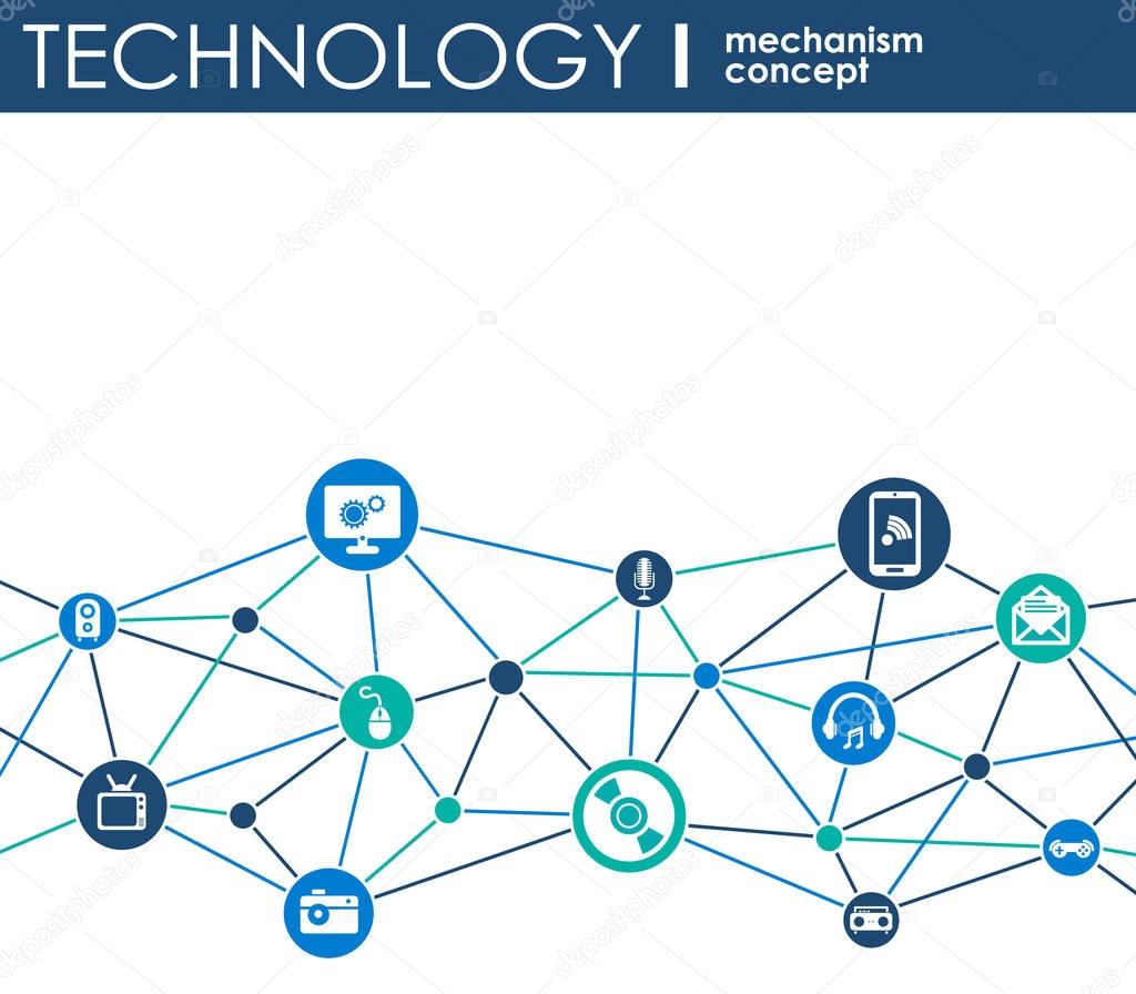 Technology mechanism concept. Abstract background with integrated gears and icons for digital, strategy, internet, network, connect, communicate, social media and global concepts. Vector infographic.