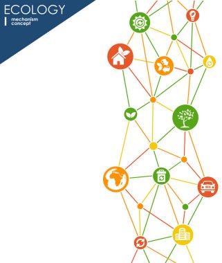 Ekoloji mekanizması kavramı. arka plan bağlı ve Çevre Dostu, enerji, çevre, yeşil, geri dönüşüm, biyo ve genel kavramlar için simgeler. vektör Infographic illüstrasyon.
