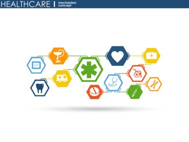 Sağlık mekanizması kavramı. Arka plan bağlı ve tıp, sağlık, strateji, bakım, tıp, ağ, sosyal medya ve genel kavramlar için simgeler. Vektör Infographic.