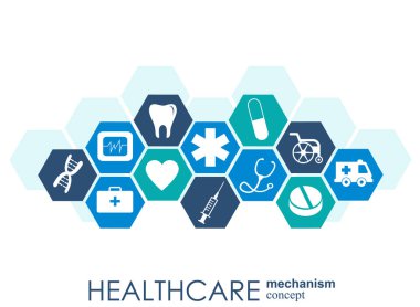 Sağlık mekanizması kavramı. Arka plan bağlı ve tıp, sağlık, strateji, bakım, tıp, ağ, sosyal medya ve genel kavramlar için simgeler. Vektör Infographic.